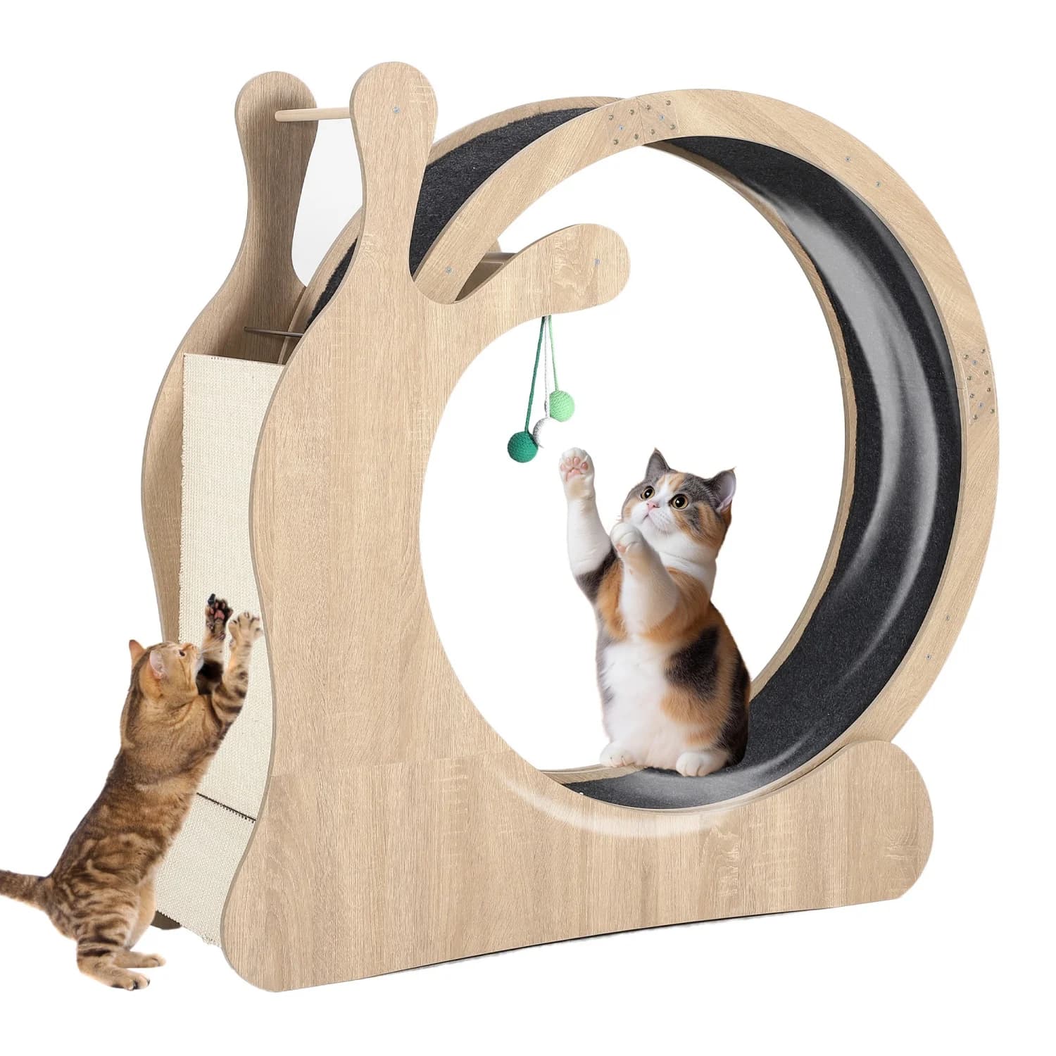 Tapis Roulant per Gatti da Interno 85cm/95cm, Ruota per Esercizio in Legno con Tappeto Rimovibile e Tiragraffi, Giocattolo