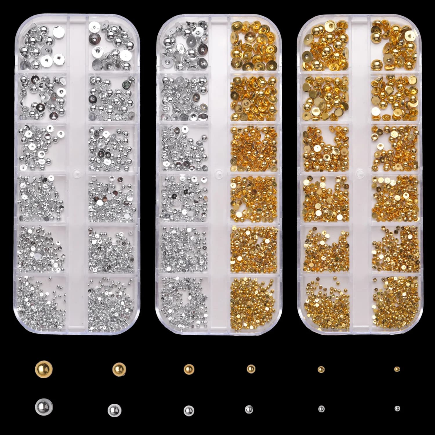 Set di Perline per Unghie in Oro e Argento di Varie Dimensioni - Borchie Metalliche Semisferiche e Strass Piatti, Decorazioni 3D per Unghie Acriliche