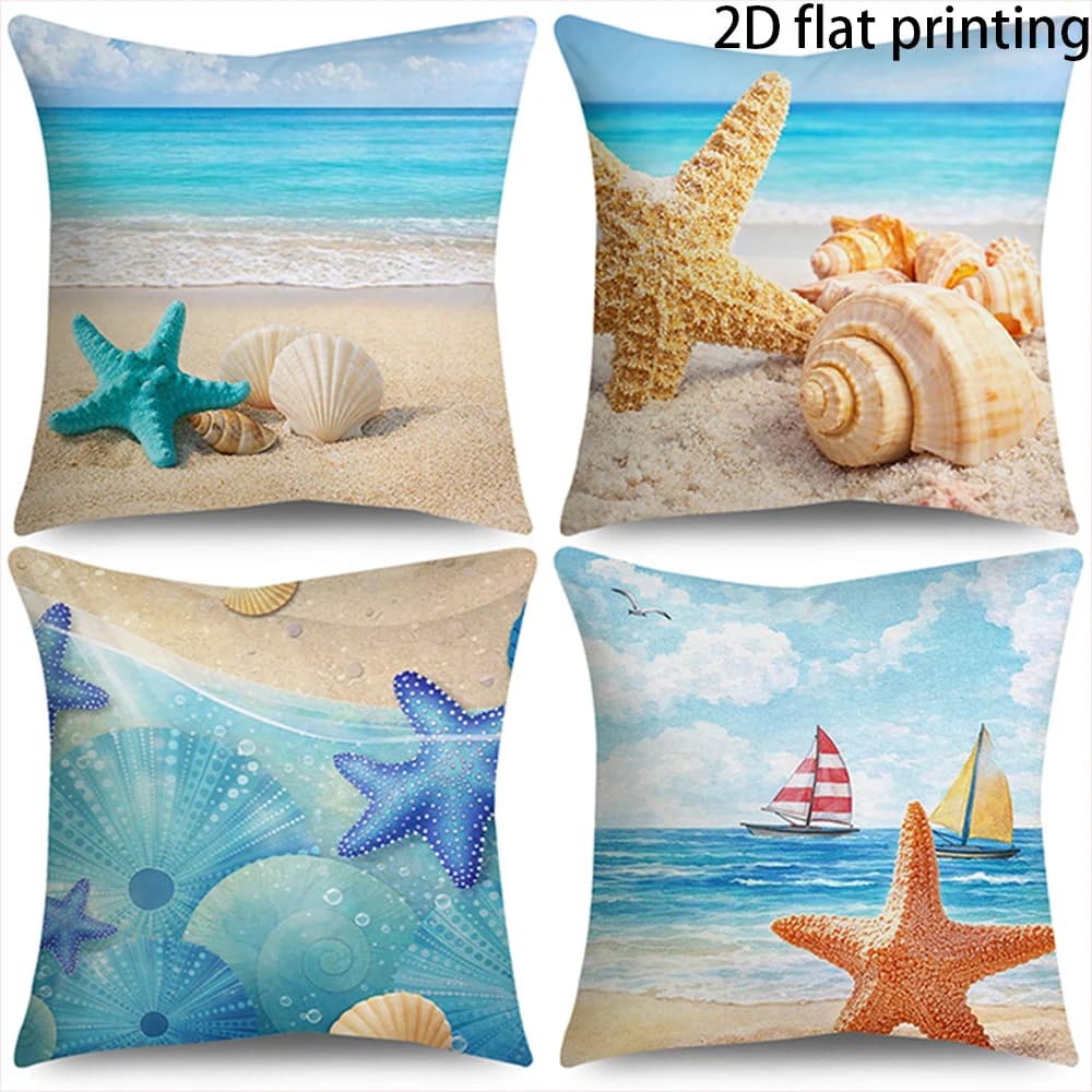 1/4PCS 2D FLAT Seaside Starfish Shell Pillowcases , Suitable for chairs, outdoor gardens, decorative sofa cushion covers.