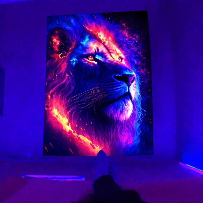 VIKAMA Tappeto Murale Fluorescente Neon Leone, Decorazione per Feste con Luce Nera, Tappeto Murale per Atmosfera Sala Esports