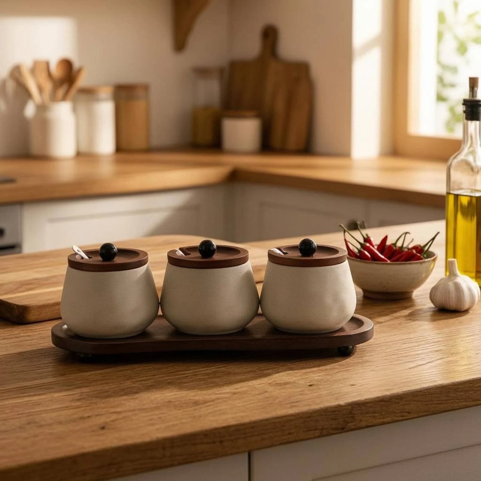 3 Pieces Ceramic Condiment Jar Set Dark-Stained Wood Finish Ceramic Condiment Jars Seasoning Container Set Short Feet Tableware