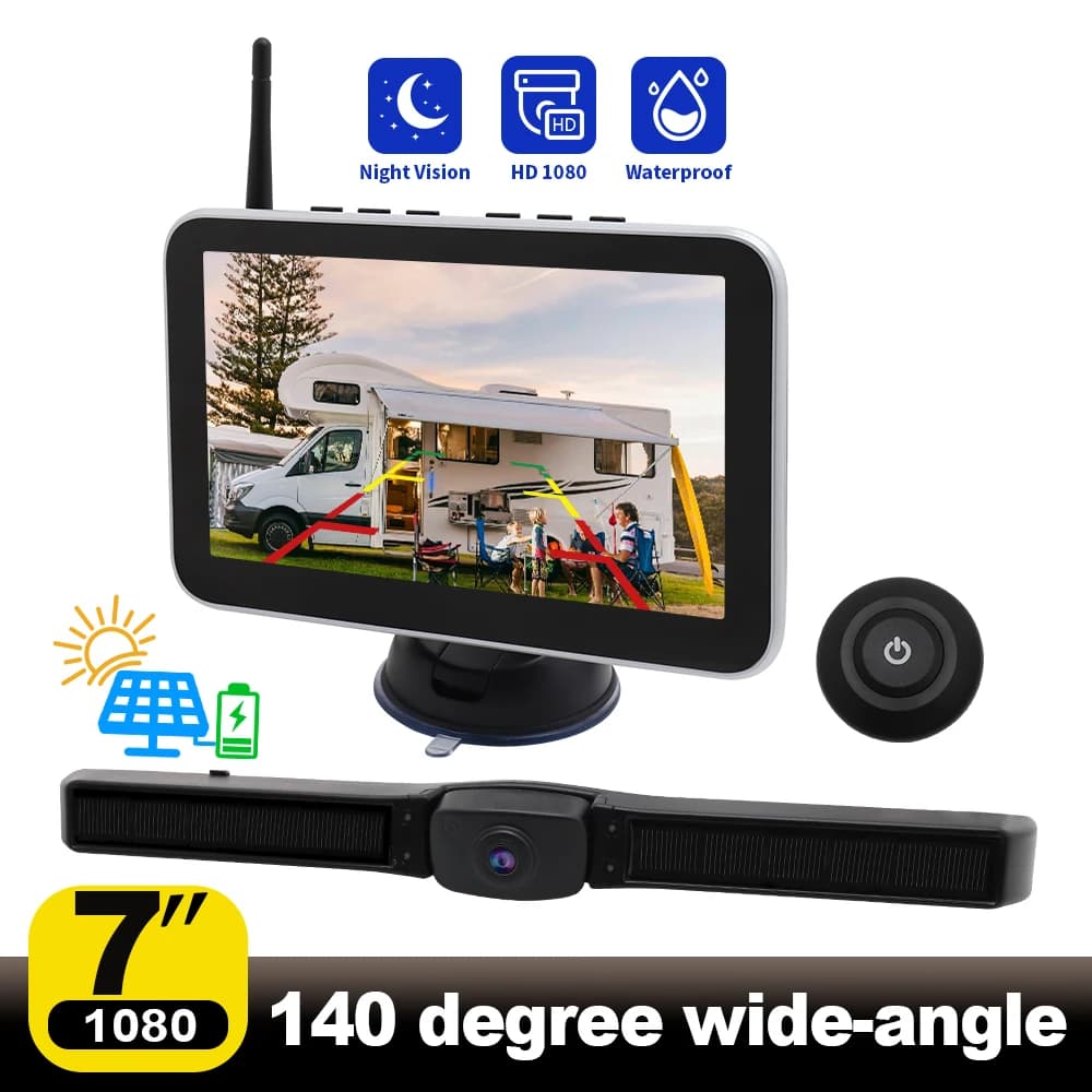 WiFi HD Telecamera di backup wireless Monitor targa ad energia solare per camion Furgoni RV Sistema di assistenza al parcheggio inverso per auto da 7 pollici