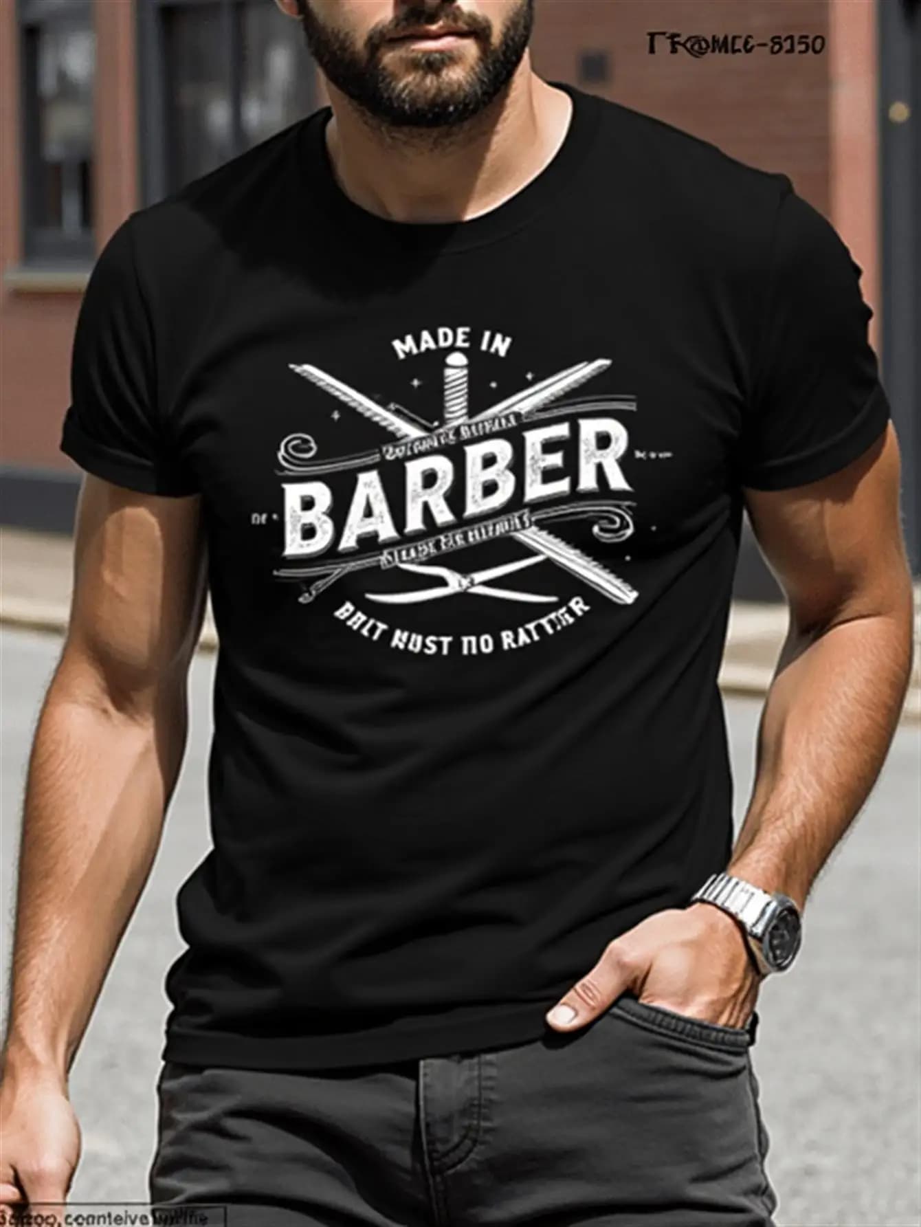 T-shirt da uomo con motivo da barbiere vintage con design retrò con forbici e asta a righe, t-shirt in puro cotone morbido e traspirante, camicia girocollo vestibilità classica adatta per barbieri e appassionati di stile vintage
