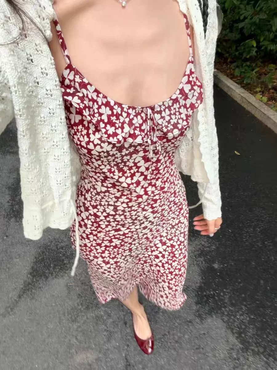 Flower Printed Ladies Diagonal Cut Silk Robe Sleeveless High Waist U-Neck Casual Slim Midi Dress