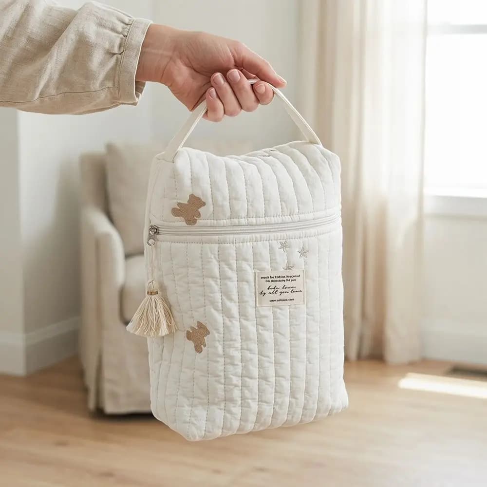 Fashion Quilted Portable Stroller Nappy Bag Large Capacity Versatile Embroidery Mommy Bag Cotton Beige Baby Diaper Bag Storage
