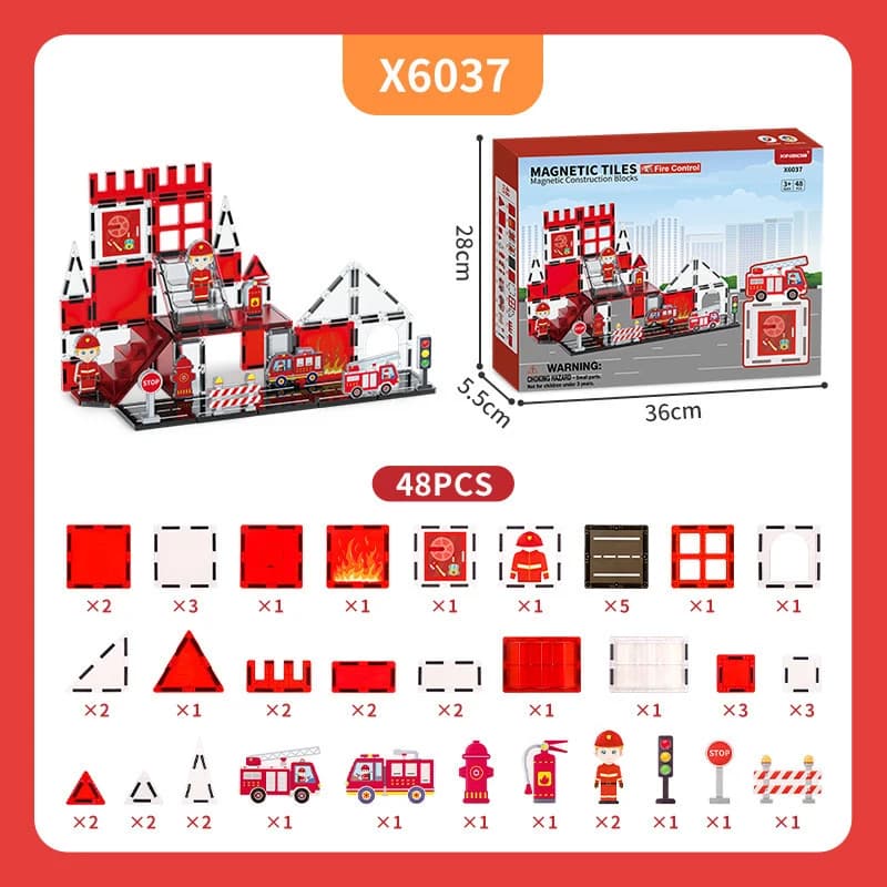 Kids Fire Truck Theme Magnetic Tiles DIY Color Window Strong Magnetic Building Blocks Educational Puzzle Toys for Kindergarten