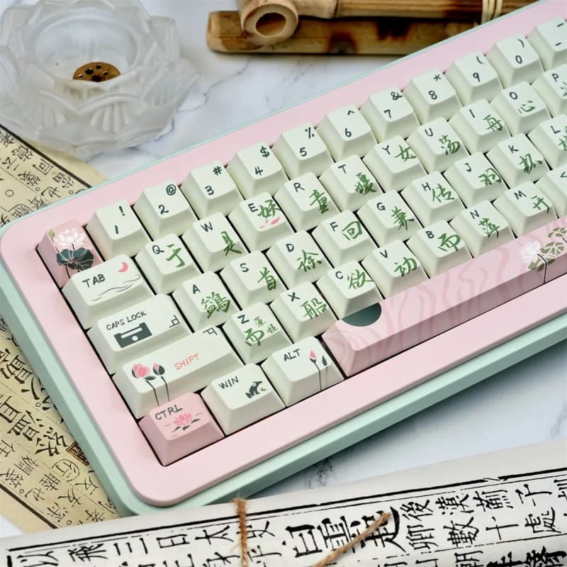 Tasti PBT con caratteri cinesi Green Lotus, set di 135 tasti Cherry Profile Doubleshot personalizzati per tastiera meccanica MX