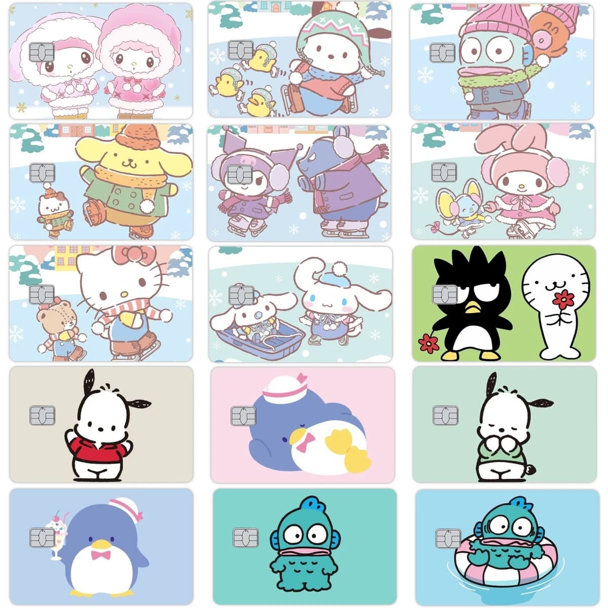 Kawaii Kuromi Hello Kitty Pochacco Hangyodon Winter Series Adesivi per carte anime per carte di credito bancarie di debito Pellicola per decalcomanie per la pelle Regali