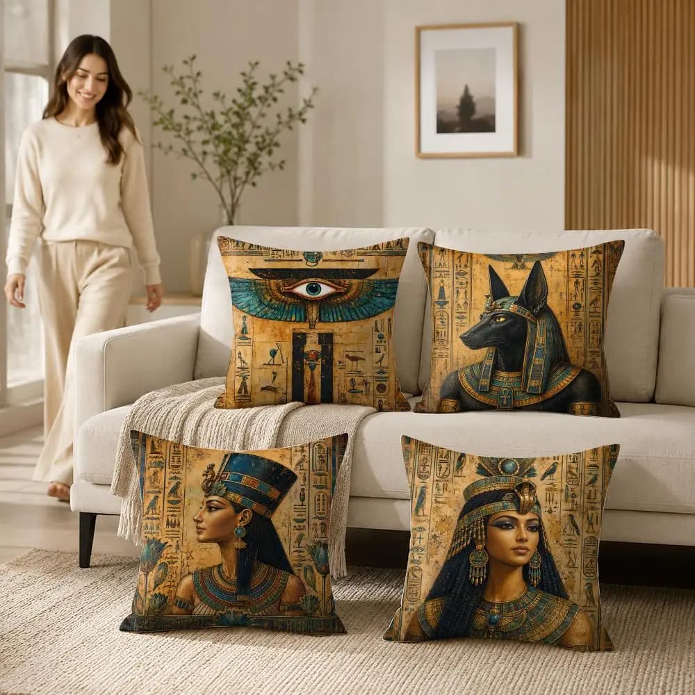 Ancient Egyptian Figures Black Cat Cushion Cover Soft Short Plush Pillow Case Double Sided Print Washable Sofa Home Decor Gift