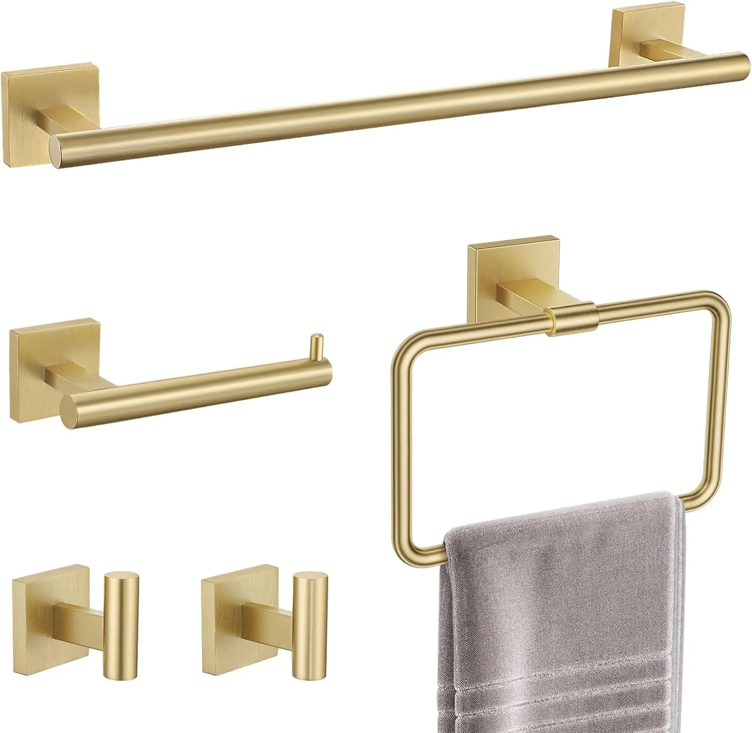 Set di accessori da bagno in oro spazzolato da 5 pezzi con portasciugamani, porta carta igienica e ganci
