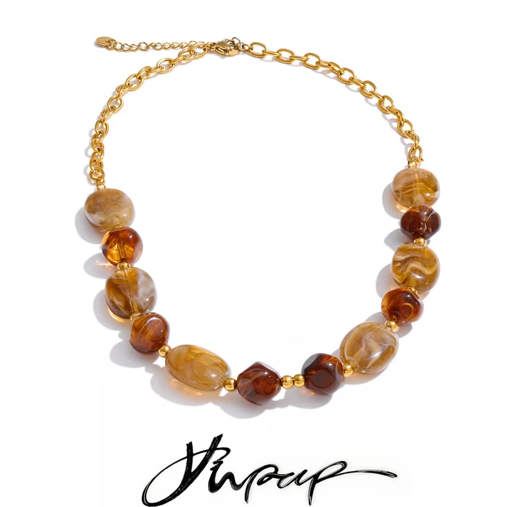 Statement Yhpup Necklace in Stainless Steel with Resin Beads, Waterproof, PVD Plated, Hand-Made, Attractive Jewelry Accessories
