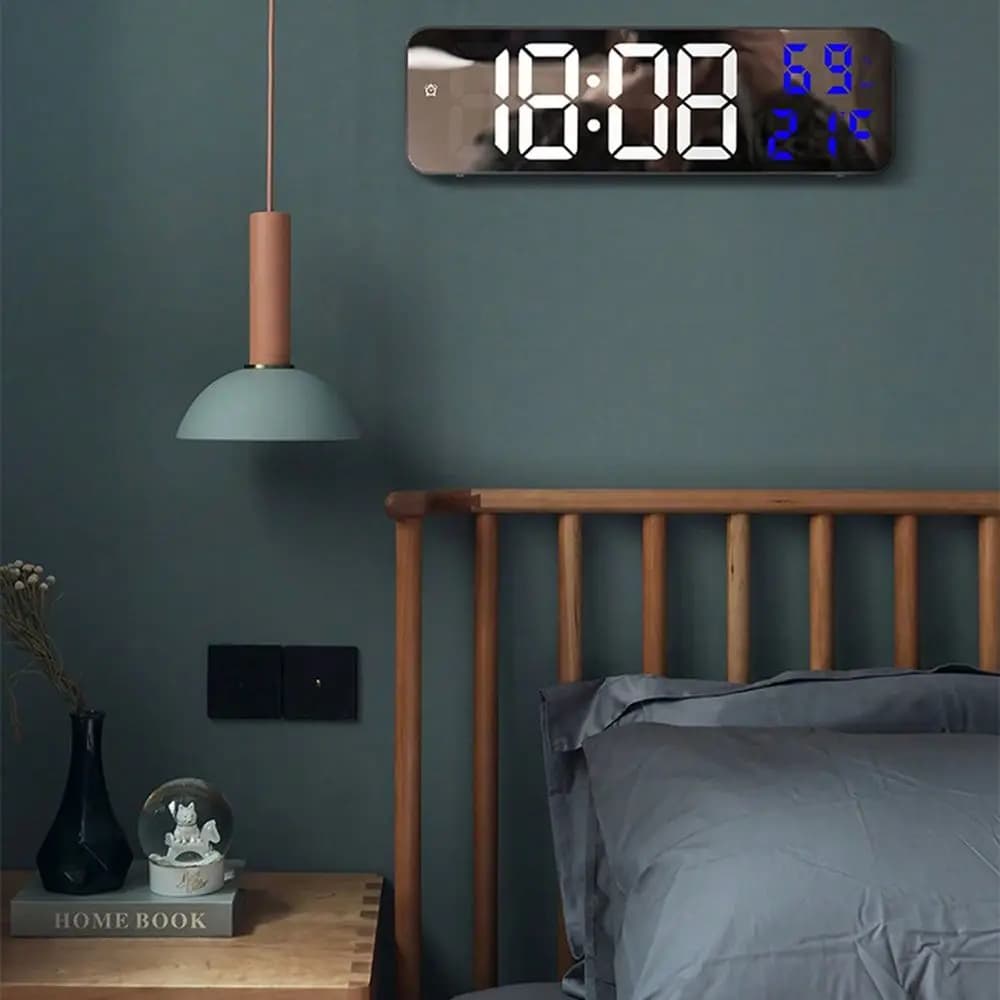Digital Wall Clock For Bedroom, Digital Clock For Wall With 12/24H, Auto-Dimming, Temperature & Humidity, Mirror Digita