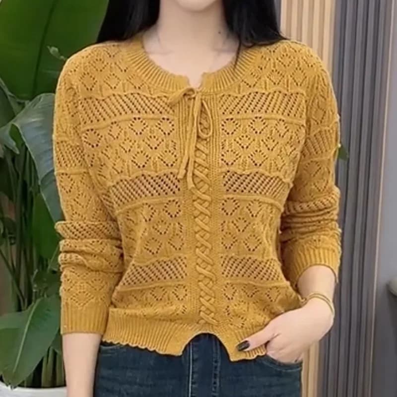 Women Hollow Crochet Knit Top Tie Front Long Sleeve Cable Knit Elegant Casual Mature Ladies Pullover Blouse