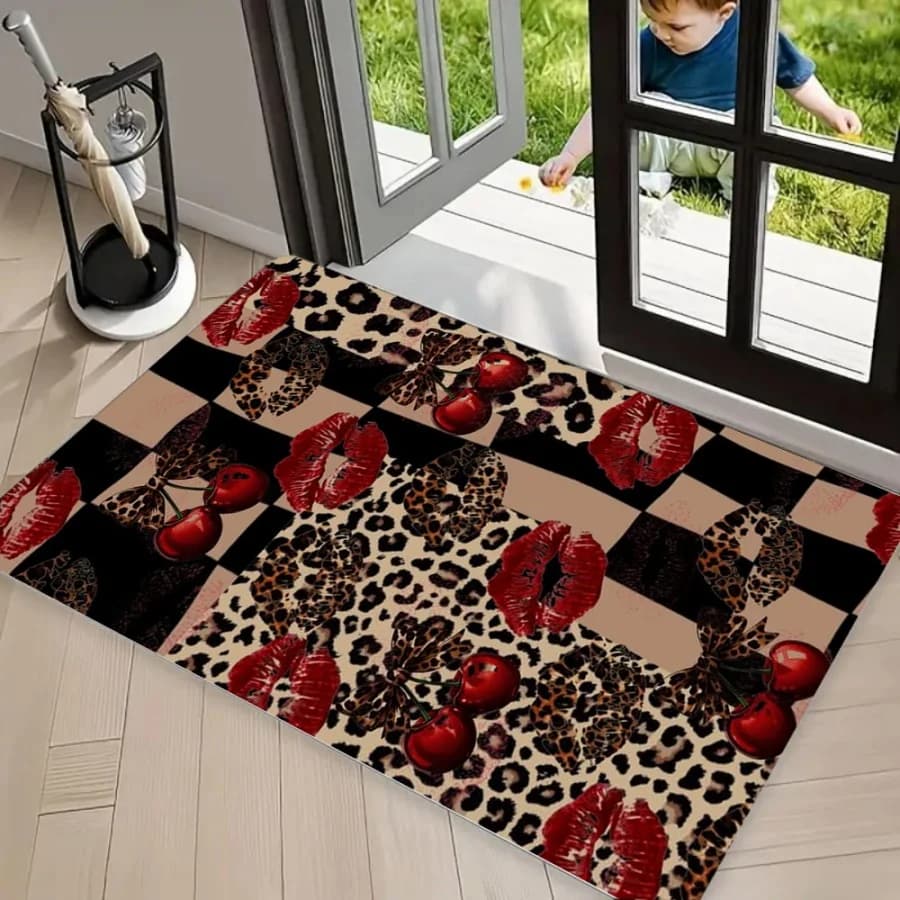 Retro Leopard Print Cherry Lips Area Rug Carpet, Non Slip Floor Mat, Checkerboard & Animal Print Washable Front Door Doormat