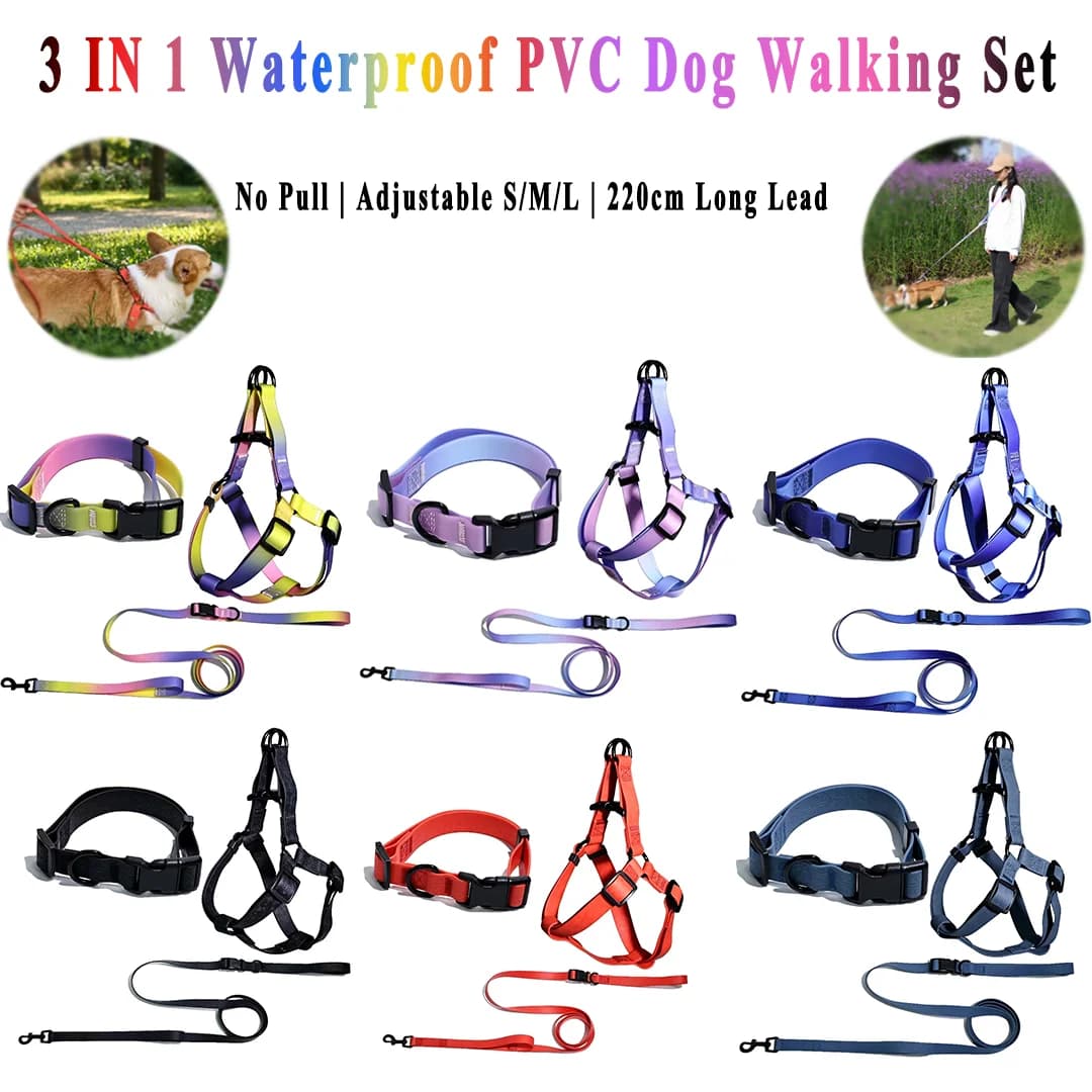 Adjustable PVC Dog Harness Collar Leash Set 3PCS Pet Walking Kit for Small Medium Large Dogs Outdoor Training