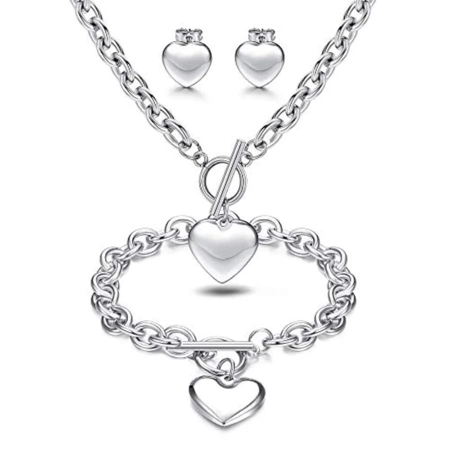 Heart Pendant, Necklace, Bracelet and Stud Earrings Set - Stainless Steel Love Heart Jewelry for Women - Halloween