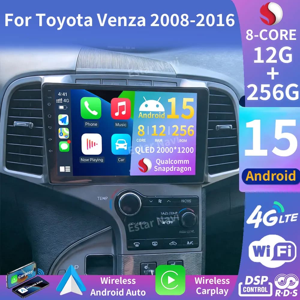 Autoradio Android 15 per Toyota Venza 2008-2016, Lettore Multimediale Video, Navigatore GPS, Wireless Carplay, Android Auto, 4G, DSP, BT