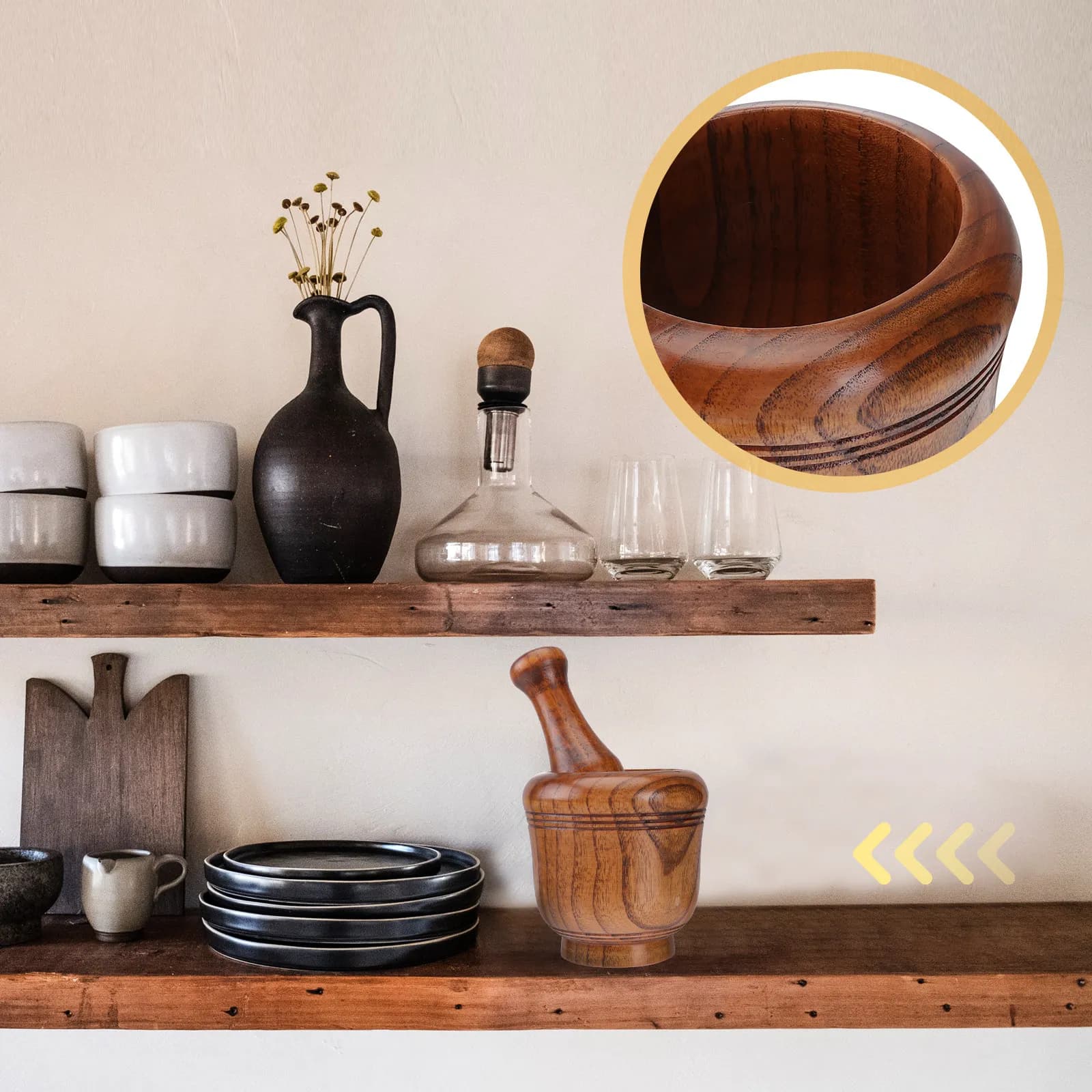 Set Premium di Mortaio e Pestello in Legno Massello per Aglio e Spezie Fresche o Essiccate, Utensile da Cucina in Legno Naturale