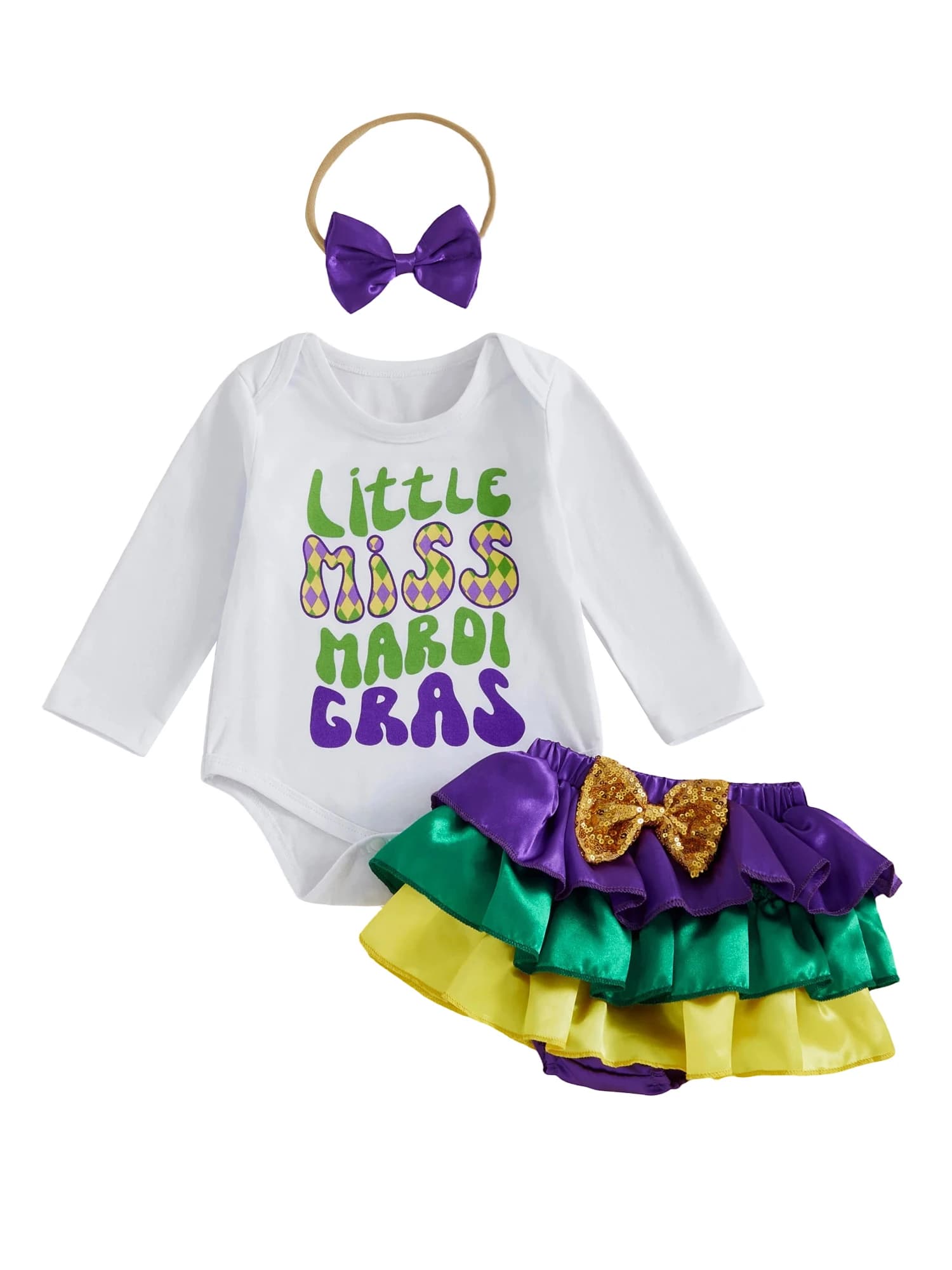 Set da 3 pezzi per neonata con pagliaccetto girocollo a maniche lunghe, pantaloncini a strati e fascia per capelli - graziosi abiti di carnevale con lettere