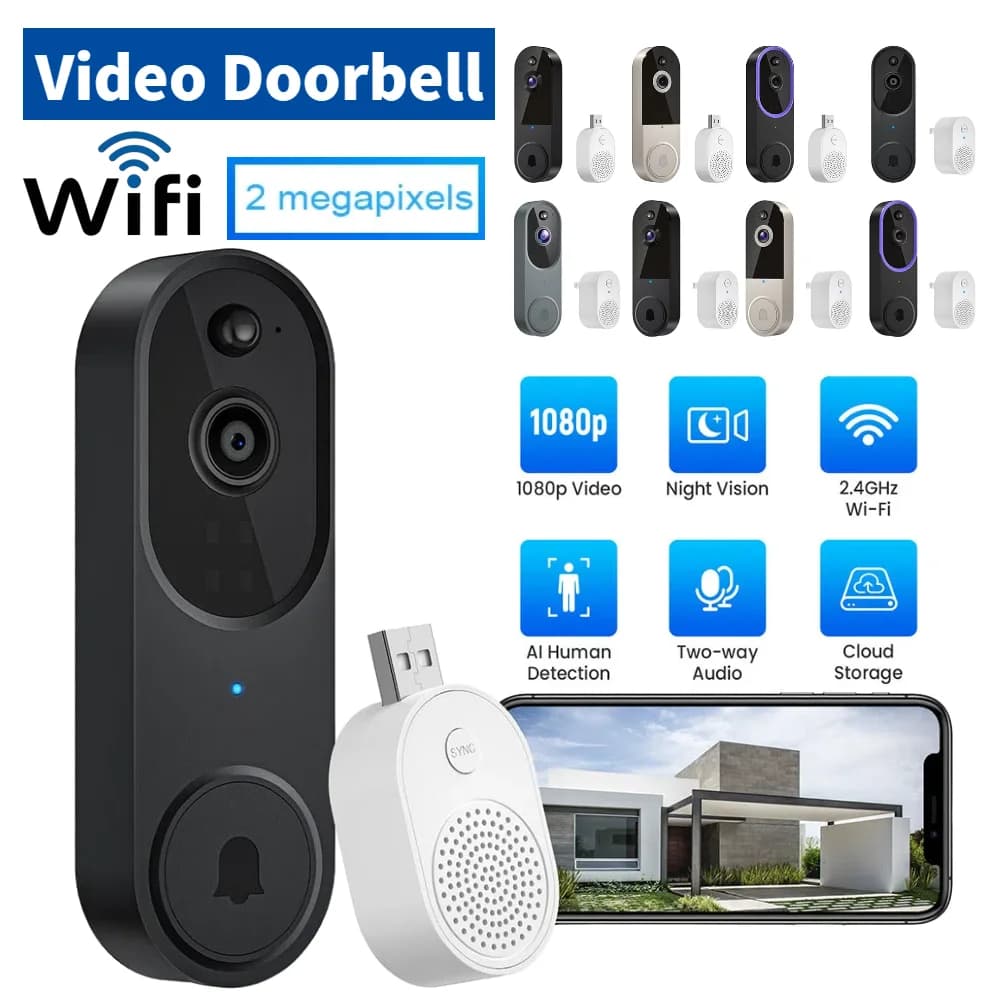 Videocamera per campanello intelligente 1080P Videocamera Wi-Fi wireless Safedoorbell Rilevazione movimento Visione notturna Telecamera audio bidirezionale per la casa