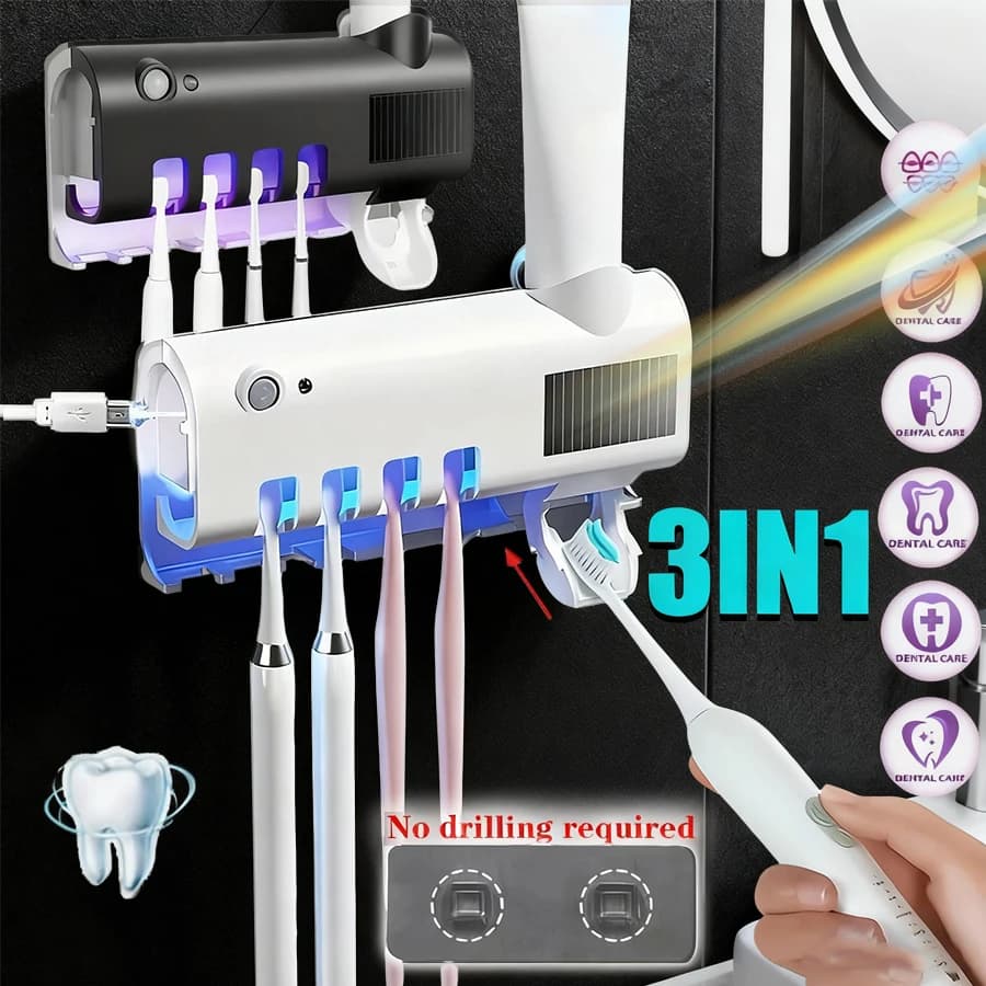 Electric toothbrush holder 3 in 1 updated for disinfection with blue light with toothpaste dispenser, USB charge without wall drill