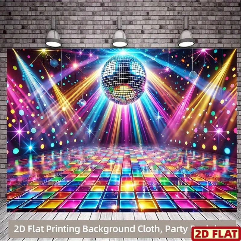 Sfondo 2D per feste a tema discoteca, 1 pezzo, vivace e colorato, con luci e design di sfere da discoteca.