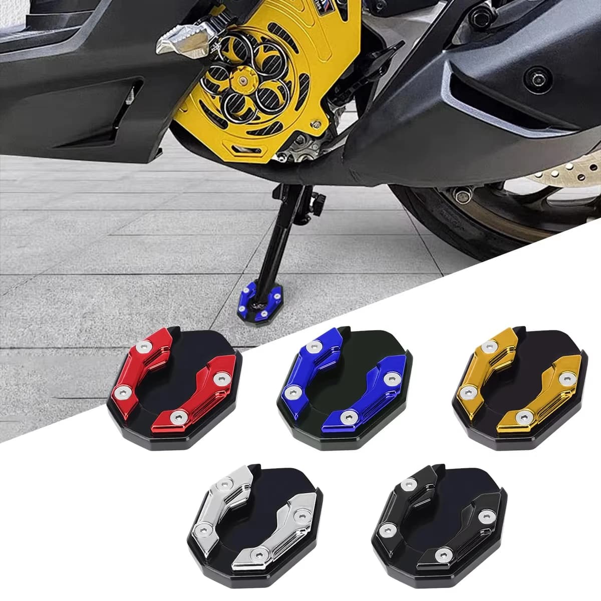 1pc CNC Aluminum Motorcycle Kickstand Extender Foot Side Stand Extension Pad Anti-Slip Parking Plate Replacement Accessories