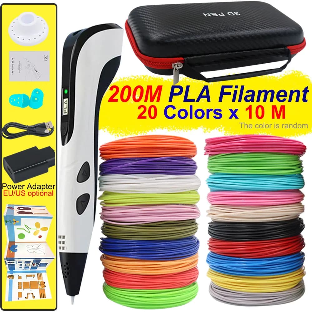 Nuova penna per stampa 3D Set di penne 3D per bambini con adattatore di alimentazione Custodia da viaggio con filamento PLA 30 colori Regalo di Natale di compleanno per bambini