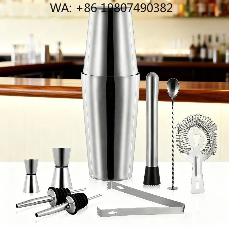 10 Pieces Professional Stainless Steel Bar Mixing Kit, Boston Cocktail Shaker Strainer Spoon, Universal Home Bartender Accessori