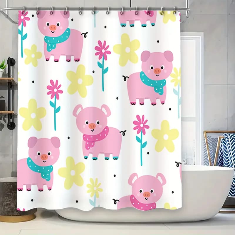 Adorabile tenda da doccia maiale rosa con fiori gialli: decora il tuo bagno in un modo divertente!