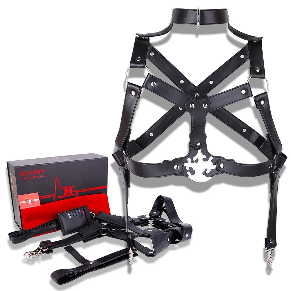 ANOSX Kit Cinture in Pelle per Bondage, Cinghie di Contenimento per Polsi e Collo, Cinghia da Collo a Coscia con Anello per Pene