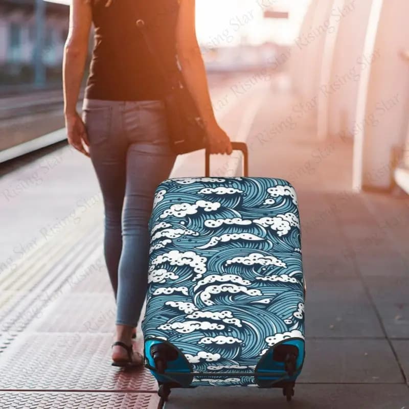 Blue Wave Art Fashion Travel Suitcase Protective Cover Luggage Protective Cover Suitable for 18-32 Inch Suitcases