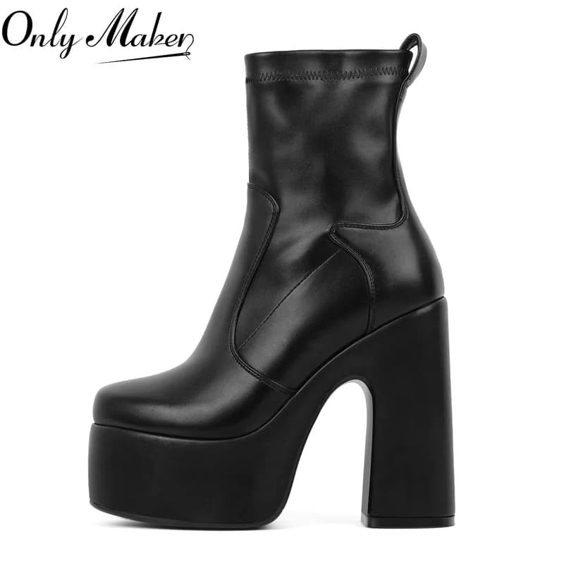 Onlymaker Stivaletti con punta tonda e plateau Stivali in pelle PU con tacco alto e cerniera laterale