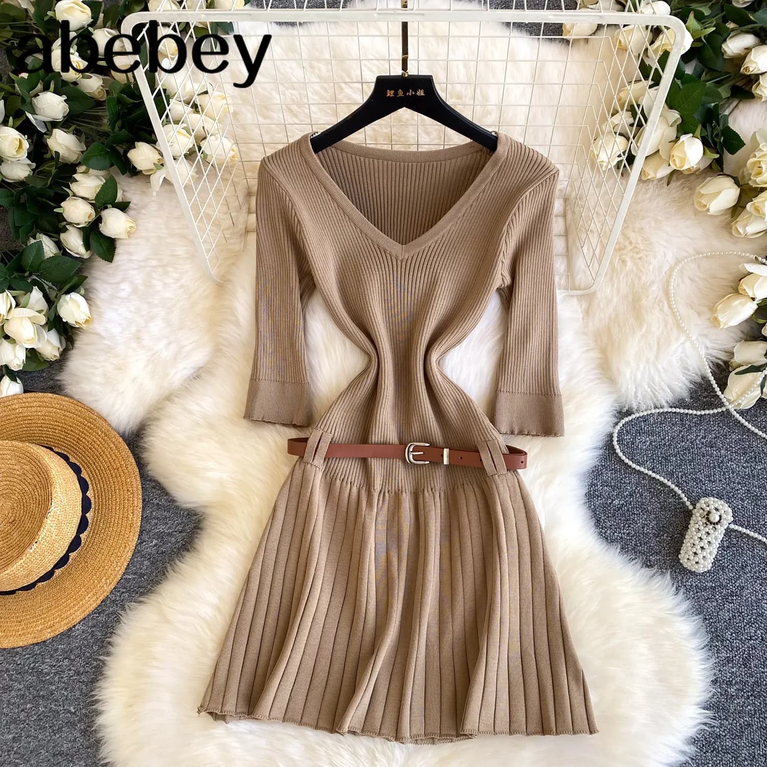 New Casual Knitted Dress V Neck Simple Slim Rib Knit Sashes Sundress A-line Summer Feminine Vintage Workwear Mini Dress Outfits