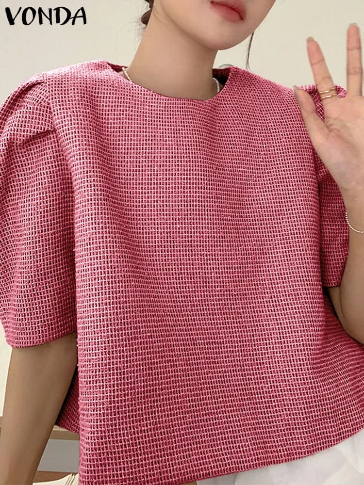 VONDA Camicetta da donna Elegante Moda Ufficio Top 2025 Casual Allentato Tinta unita Tunica Girocollo Manica corta Estate Blusas Donna