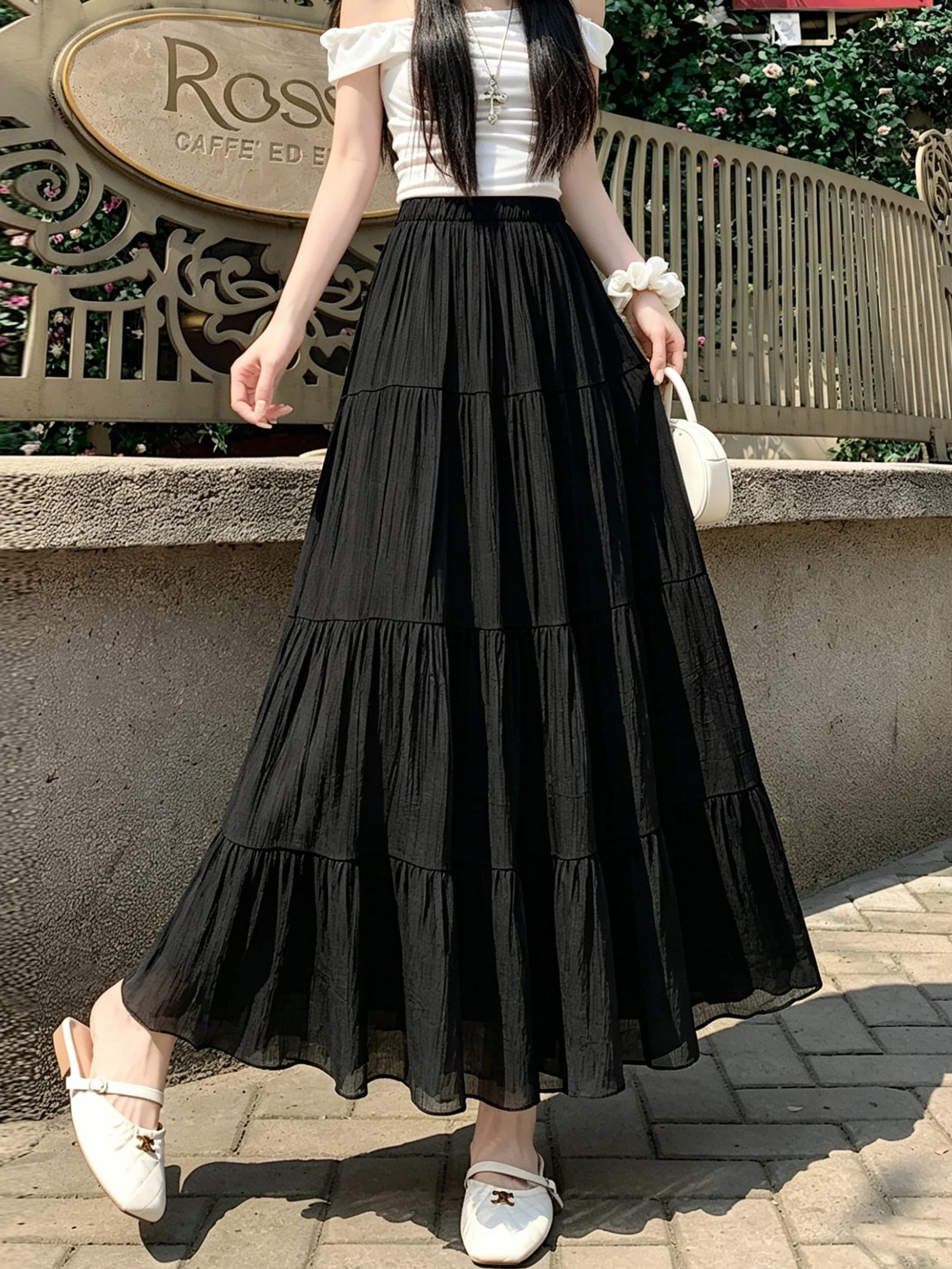 Black Midi skirt in Women's Silk Chiffon, Summer 2026, Slender Effect and Covers-Glute, Draped, Korean Style, High Life, Polyester