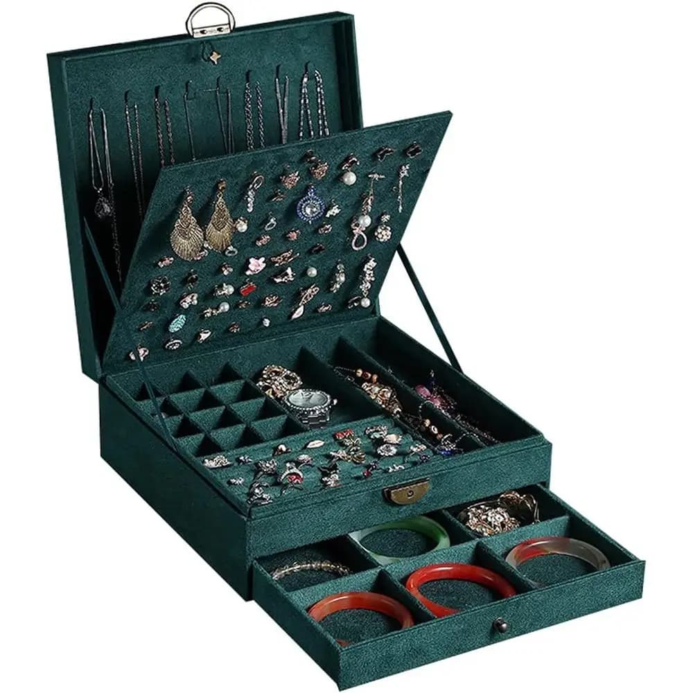 3 Level Jewelry Organizer with Closure, Large Container for Earrings, Necklaces, Rings and Bracelets, Green Display for Jewelry