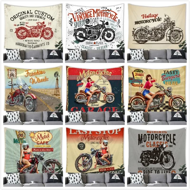 Retro motorcycle digital-printed polyester tapestries living rooms bedrooms macrame wall hanging room decor aesthetic