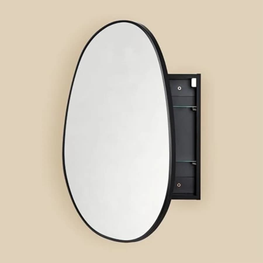 Armadietto da Bagno Nero a Montaggio Superficiale con Specchio, Design Irregolare Asimmetrico per Bagni Moderni