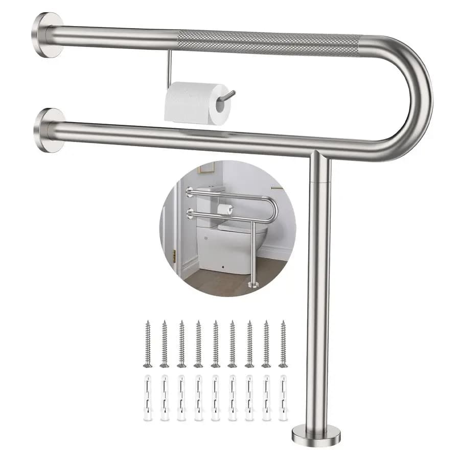 Barra di supporto per WC con gambe 31,5x28 pollici, in nichel spazzolato zigrinato, con porta carta igienica, in acciaio inossidabile per montaggio a parete e a pavimento