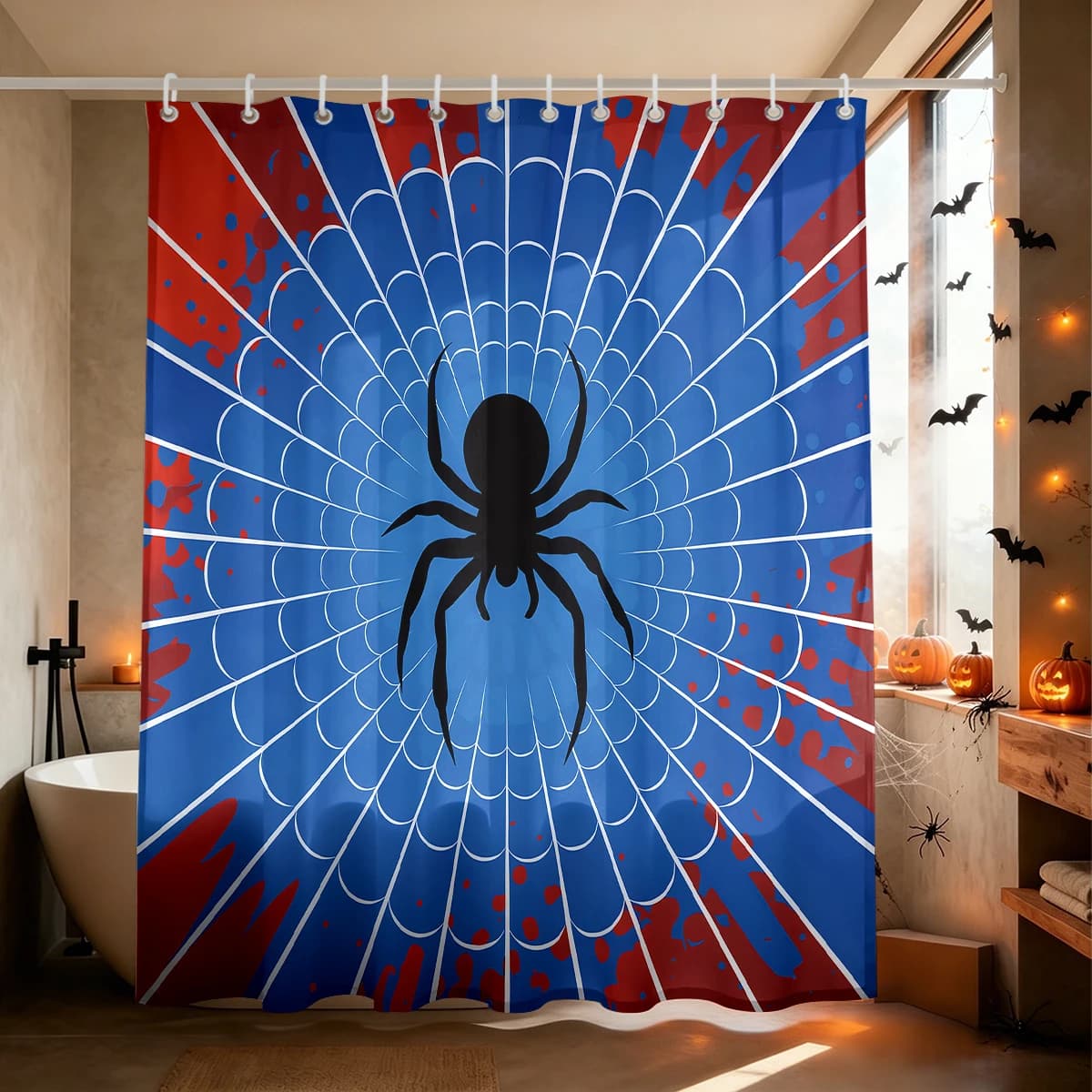 1Pc Blue Background Black Spider Crack Texture Shower Curtain Waterproof Bathroom Privacy Hanging Curtain Spooky Pattern Bath