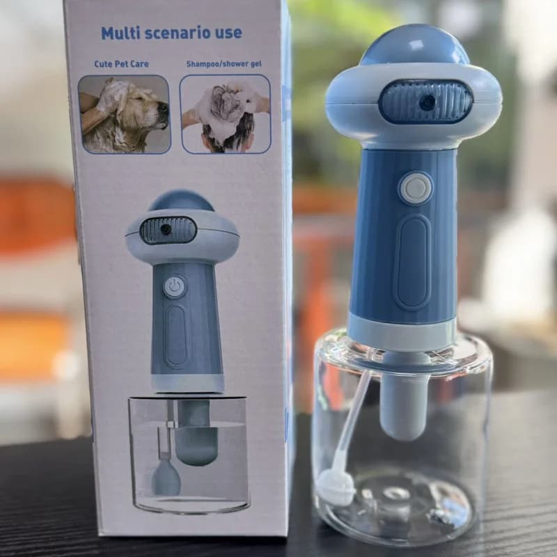 Pet shampoo foamer bubble maker for dogs and cats, used during bath time for creating foam with shampoo.