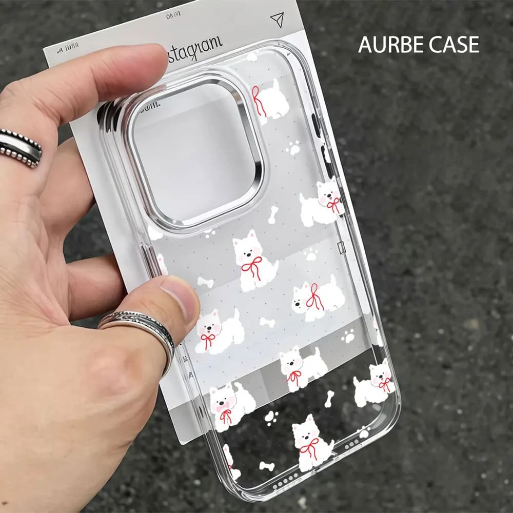 Custodia Aurbe per iPhone 17 16 15 14 13 12 11 Pro Max 16E con cornice lente argentata, scocca trasparente, cover blu con simpatico cucciolo bianco