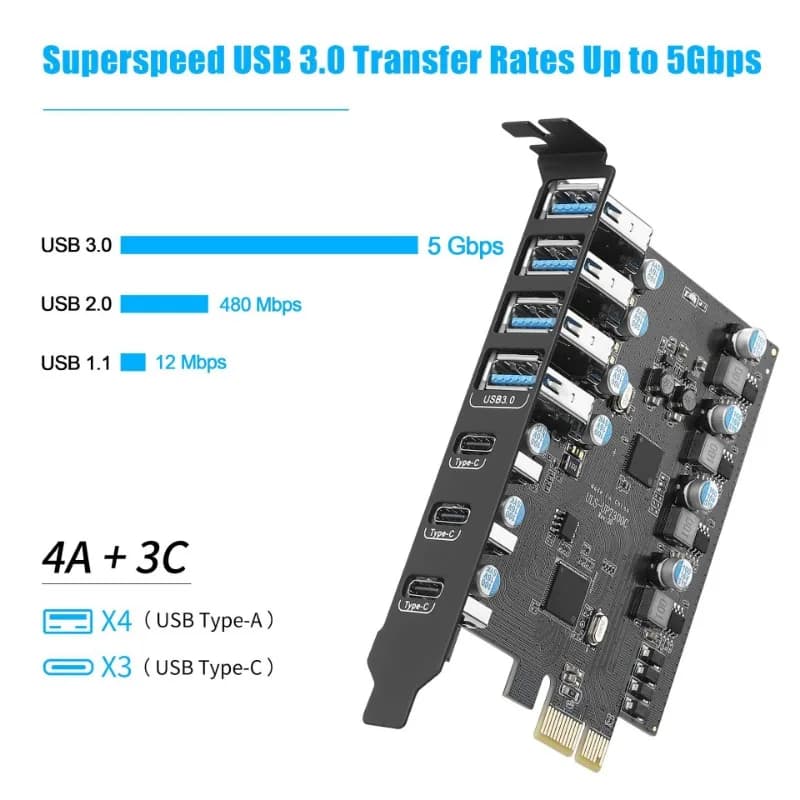 Scheda Hub USB 3.2 Gen1 a 7 Porte 5Gbps, Adattatore PCI Express USB 3.0, Scheda di Espansione USB3.0