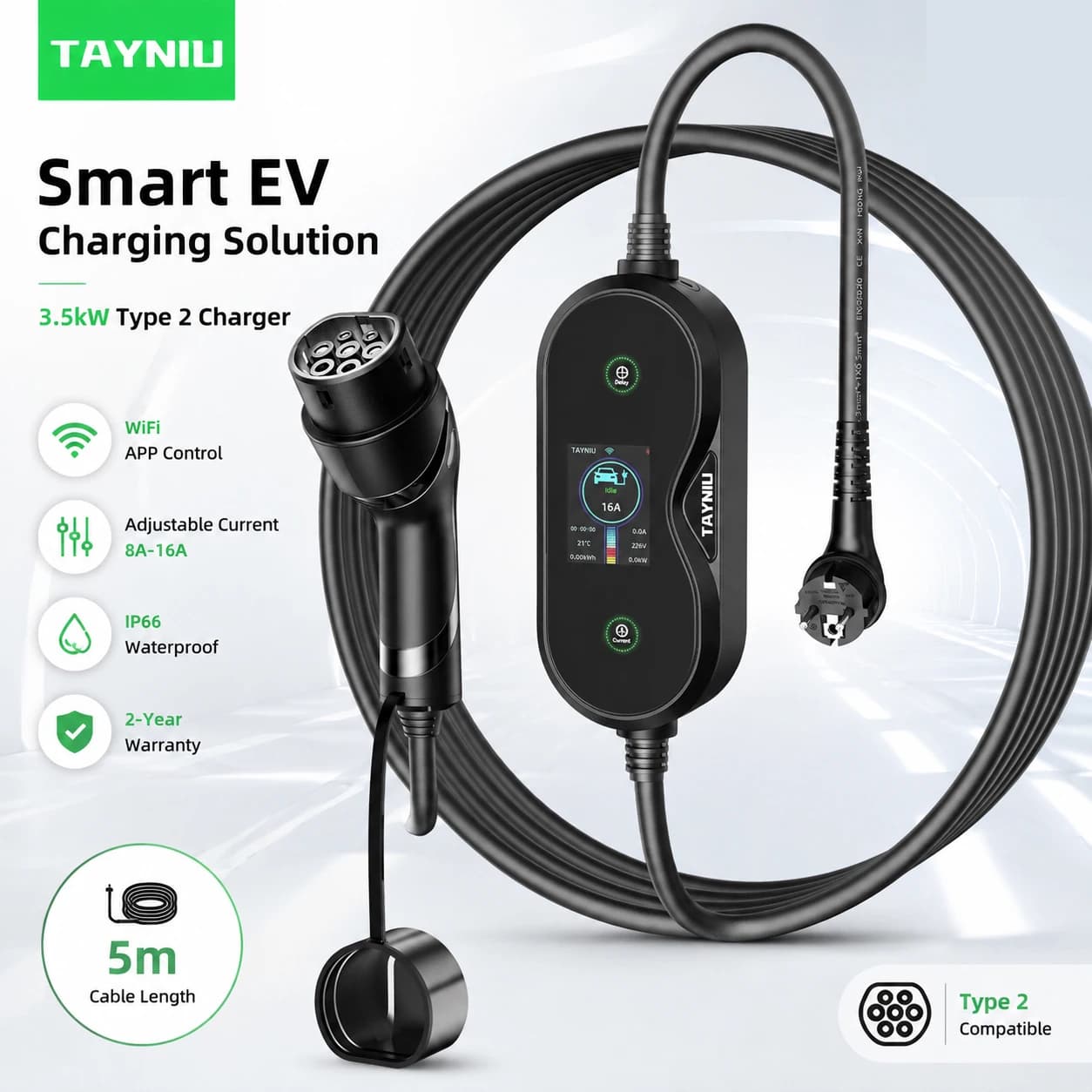 TAYNIU Portable EV Charger 3.5KW 16A EU Plug 80V-260V 5M Charging Cable Smart APP Electric Vehicle Charger for BMW MG Tesla EVs