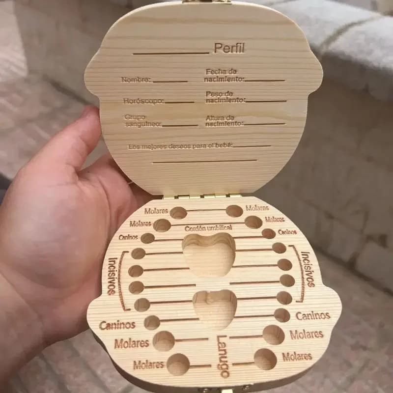 Scatola Portadenti in Legno per Bambini, Organizer per Denti da Latte e Ombelico, Regalo per Conservare i Denti, in Inglese e Spagnolo