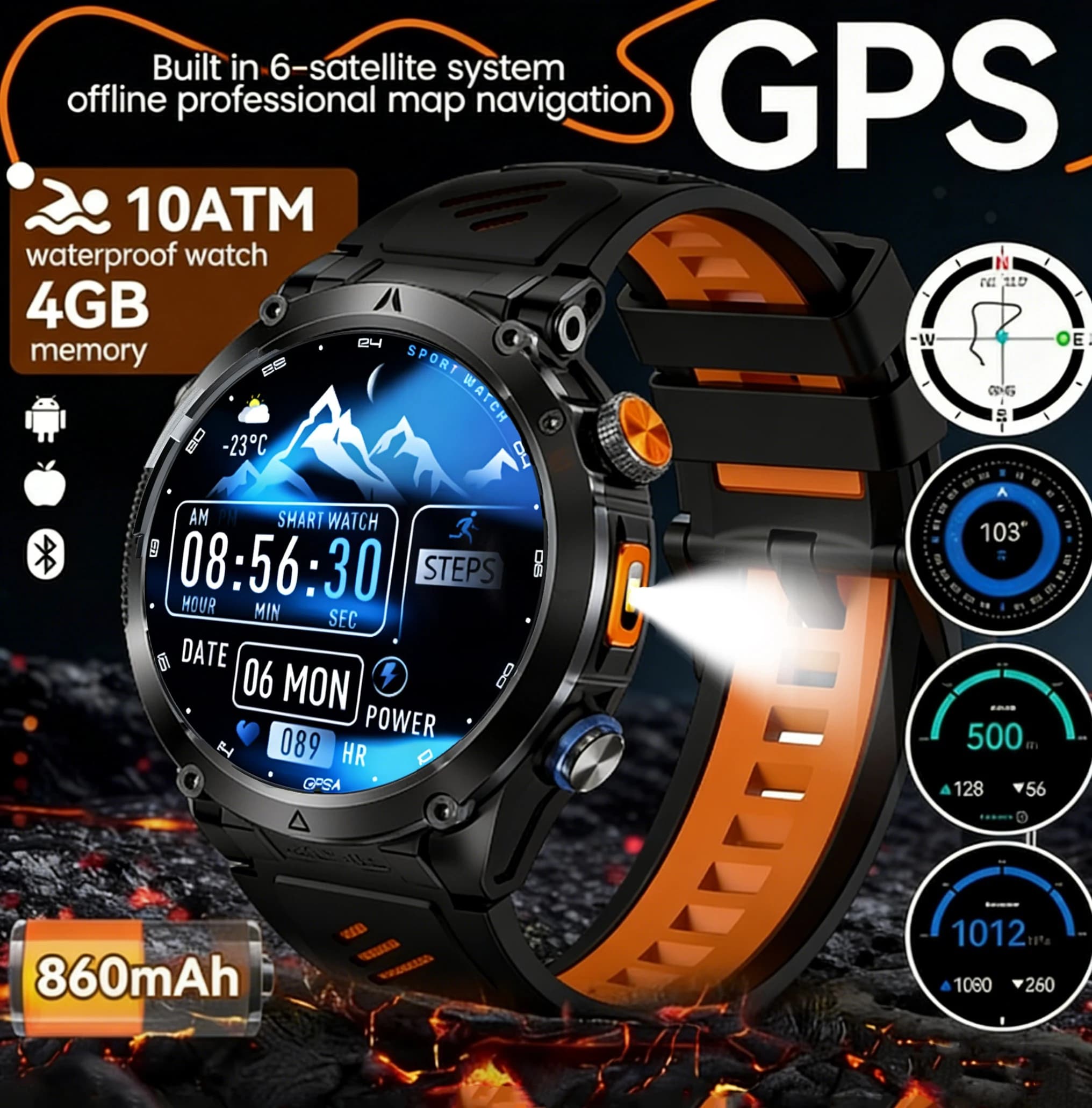 New Smartwatch T-Rex3 Ultra 2026 with Integrated GPS, Altimeter, Compass, 4GB Memory, Bluetooth HD Calls, 10ATM Waterproof, Intelligent Sports Watch