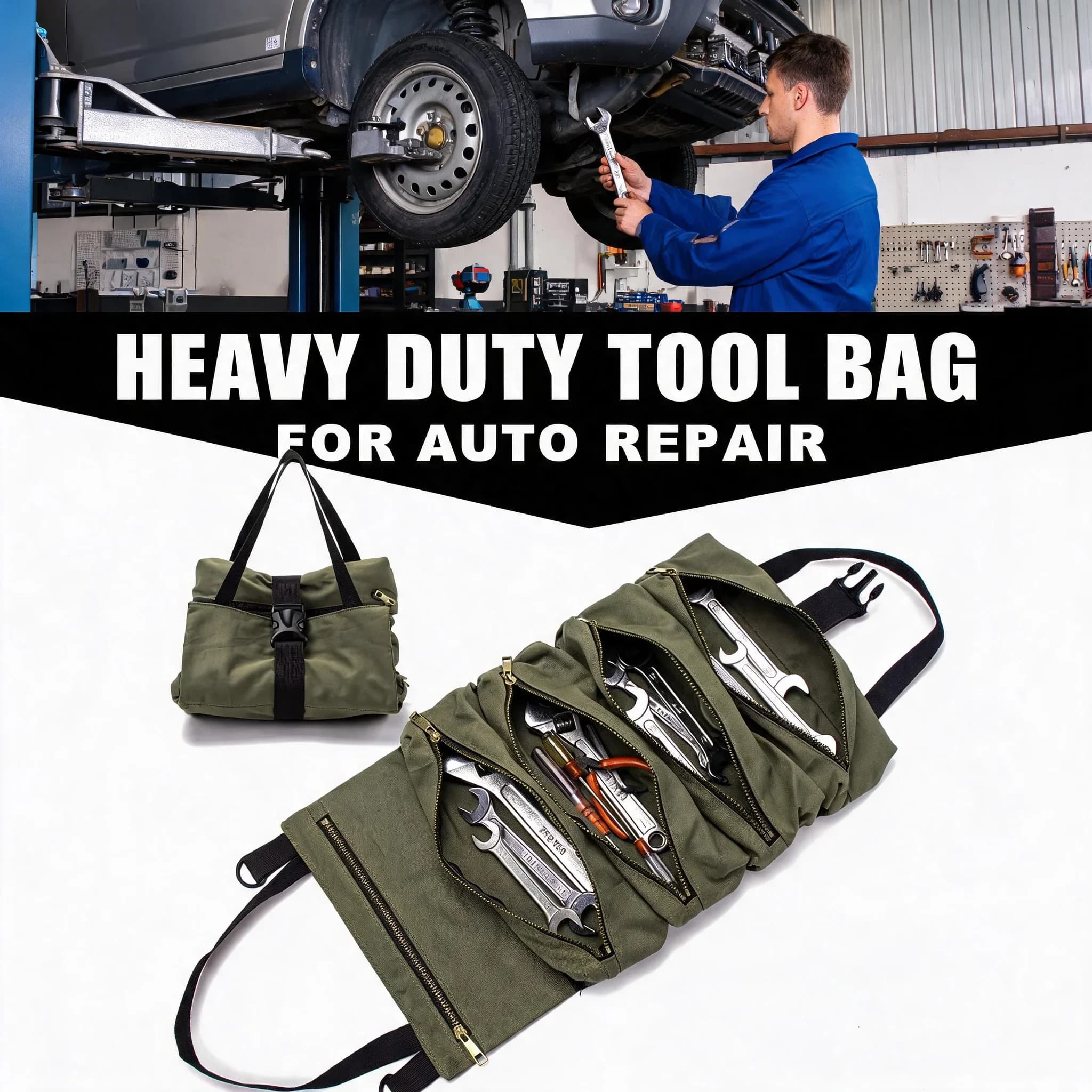 Car First Aid Kit Heavy Duty Multipurpose Tool Roll Roll Up Tool Bag Canvas Wrench Roll Tool Organizer Bucket Wrap Storage Case