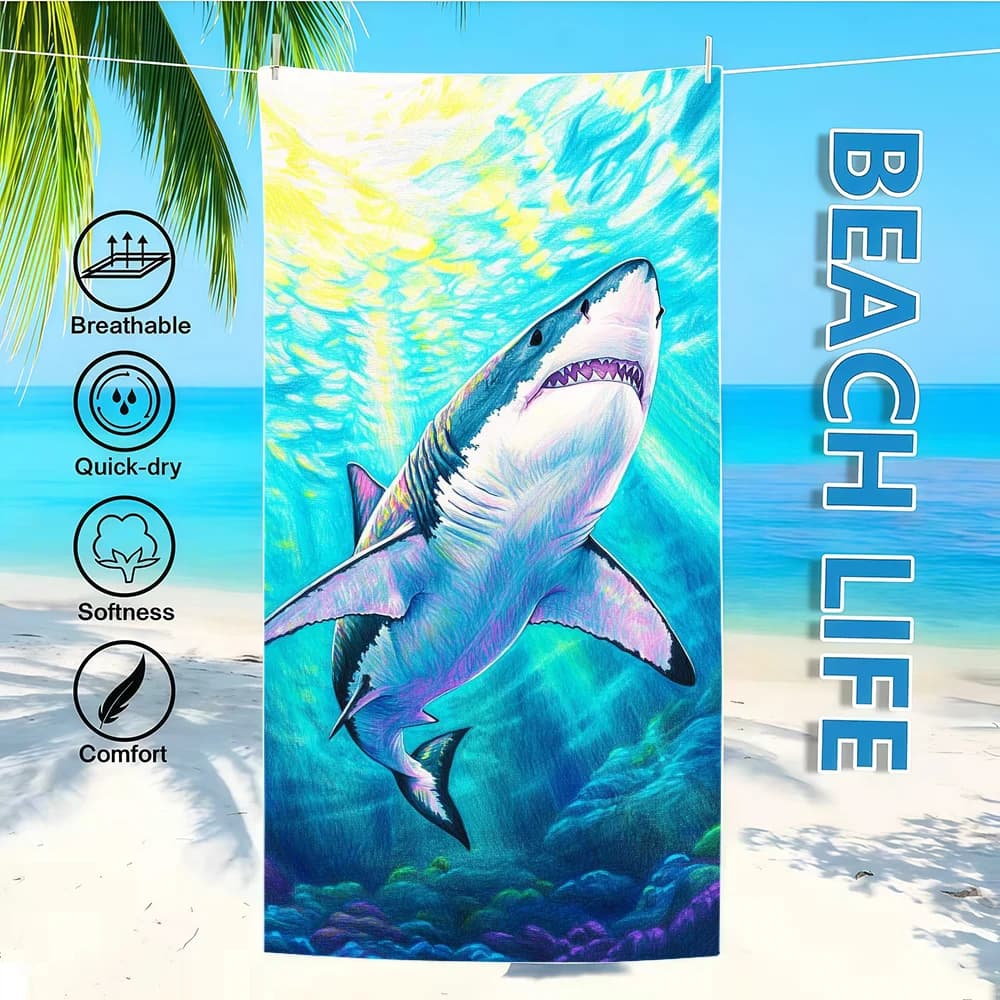 Fabric bathrobe with shark print, light, fast drying, portable, for beach, camping, swimming pool, travel