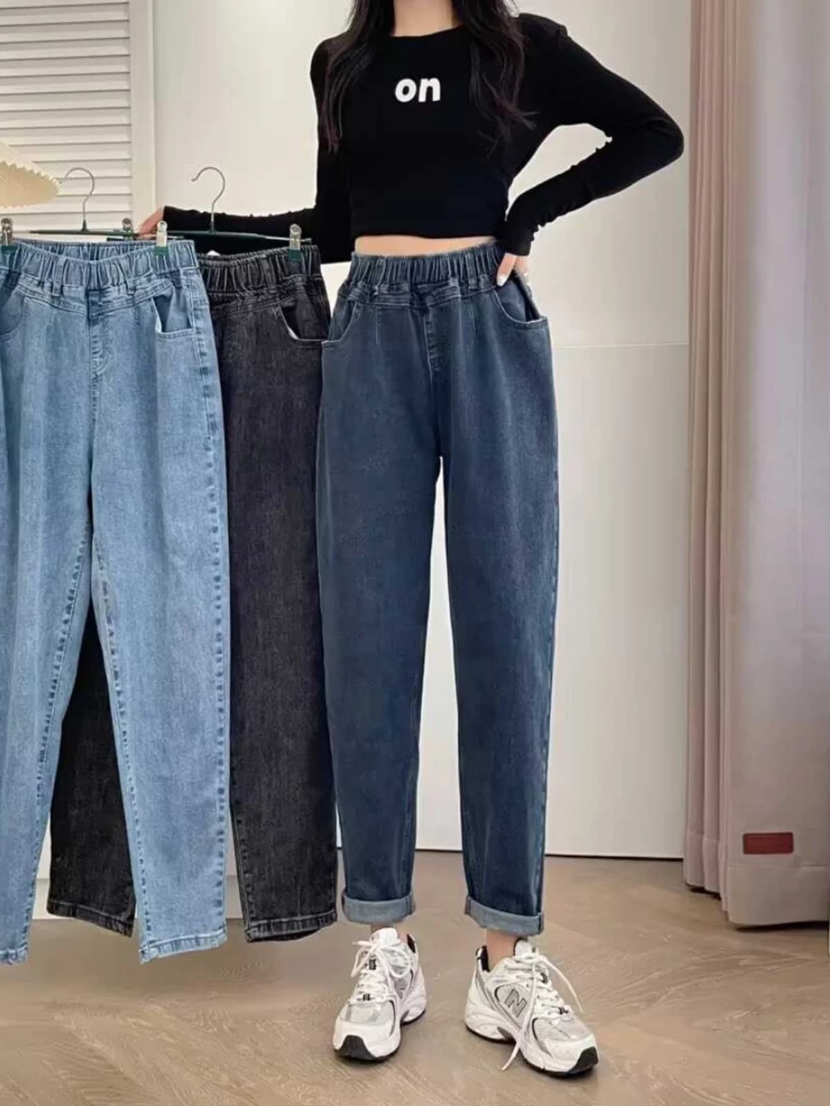 Retro Hong Kong Style Elastic High Waist Washed Denim Jeans Loose Casual Slimming Dad Pants Nine Point Cotton Stretch Denim